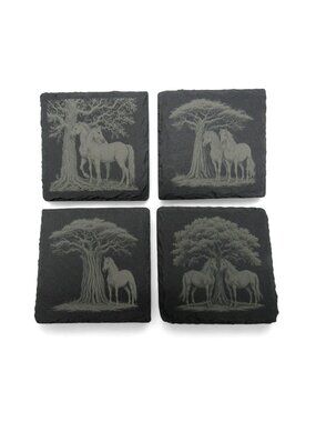 Slate Horse & Tree Coasters Gray Engraved Square Set of 4
